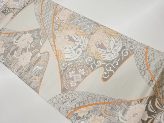 JAPANESE KIMONO / VINTAGE FUKURO OBI / PLATINUM​ FOIL / WOVEN PHOENIX